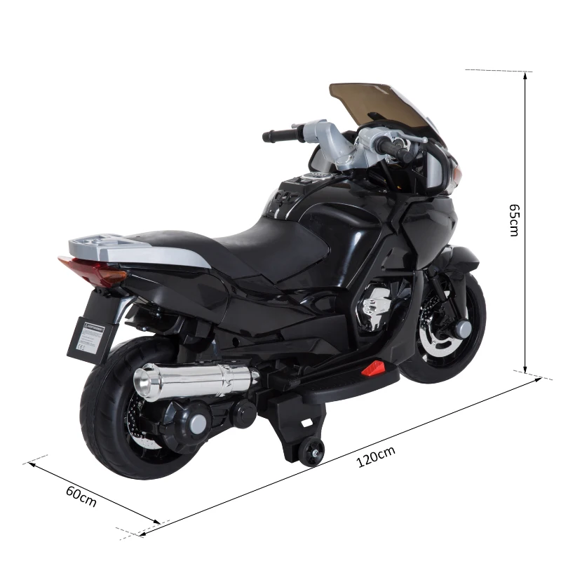 HOMCOM Coche Correpasillos Niños 3-8 años Moto Eléctrica Infantil 3-7 km/h Batería 12V Doble Motor con Luces y Música Ruedas Seguras 120x60x65cm Negro