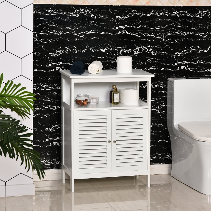kleankin Mueble de Baño Armario Auxiliar para Baño con 2 Puertas de Persianas Estante Abierto Gran Espacio de Almacenamiento 60x30x81,6cm