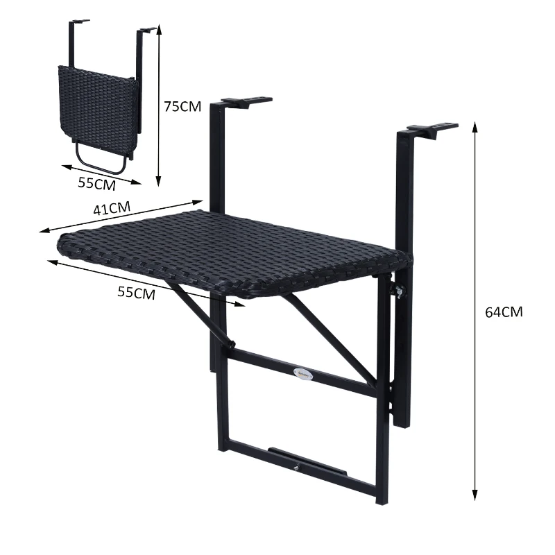 Outsunny Mesa Colgante Balcón Jardín Ajustable Poliratán Mesa Colgante Abatible Plegable y Ajustable para Balcón o Jardín tipo Poliratán 55x41cm