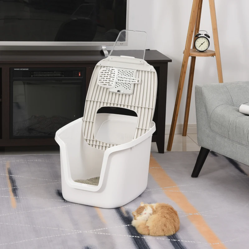 PawHut Caja de Arena para Gatos con Diseño de Doble Puerta Arenero Caja Desodorizante de Carbón Activado Pala Equipada Amplio Espacio 55,5x44,5x38,3 cm Blanco