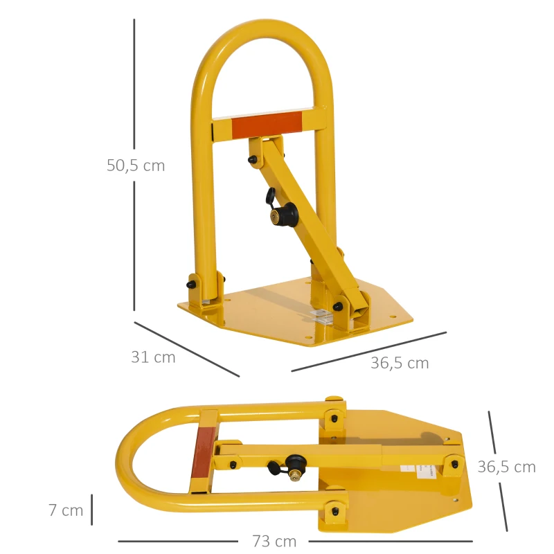 DURHAND Barrera de Aparcamiento Plegable Manual Bloqueo de Estacionamiento Abatible con Cerradura 3 Llaves Cinta Reflectante Metal 36,5x31x50,5 cm Amarillo
