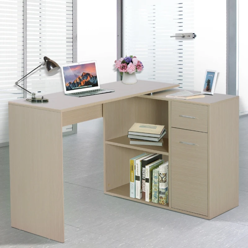 HOMCOM Escritorio de Ordenador PC Mesa Esquinera con Librería  Multi-Formas Giratorio 180°  Roble