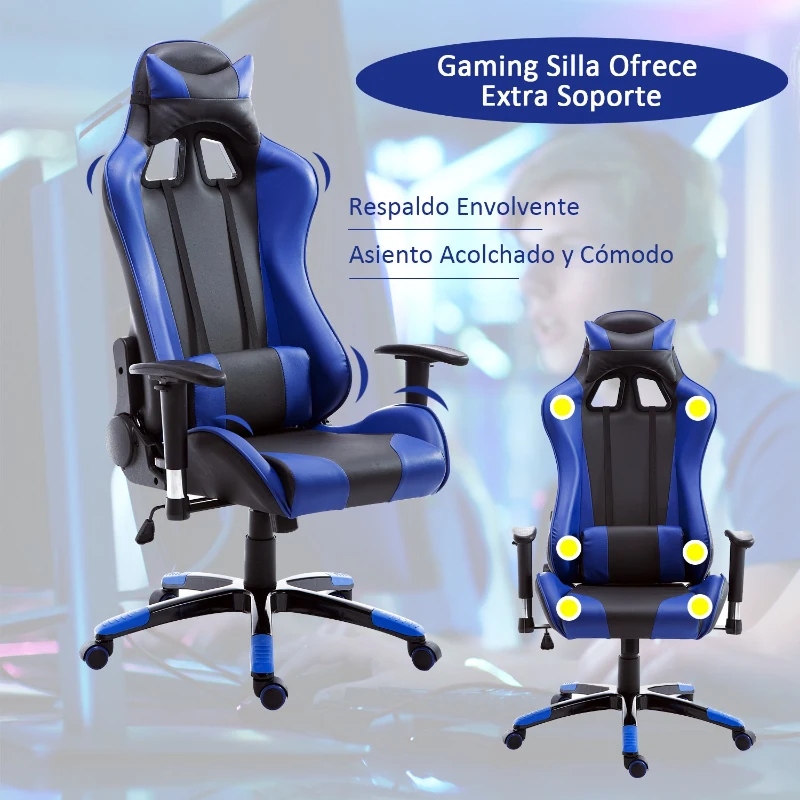 HOMCOM Silla de Oficina Silla Ergonómico Reclinable y Basculante Altura Ajustable Giratorio con Ruedas Reposacabezas y Soporte Lumbar Carga 120 kg 67x67x123-132 cm Azul