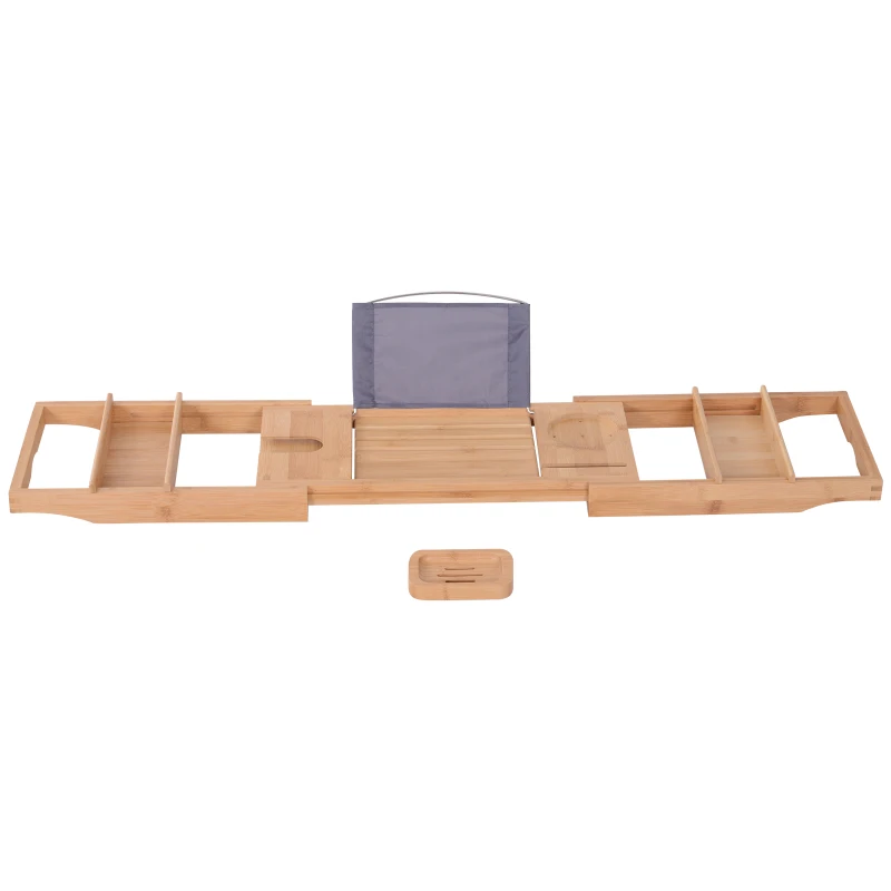 kleankin Bandeja de Baño Bañera de Bambú Extensible con Jabonera Toallero Soporte para Copa de Vino Soporte de Tableta Teléfono Libros 73.5-108x23x6cm