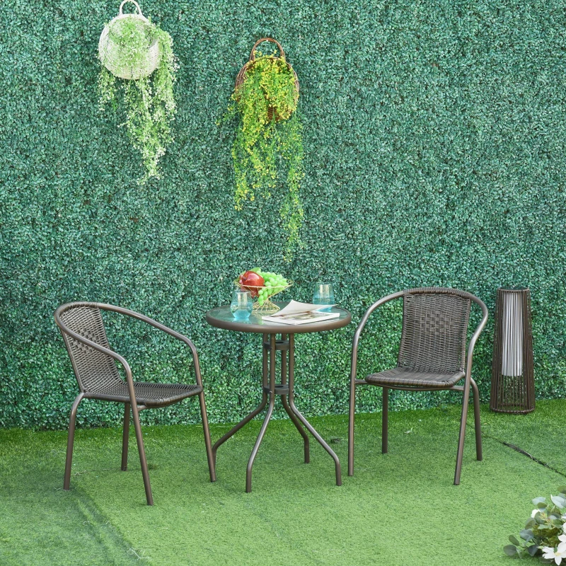 Outsunny Conjunto de Muebles de Jardín Ratán Set de 2 Sillas 58x54x73 cm y 1 Mesa Redonda de Vidrio Templado Ø60x70 cm Marco de Acero para Patio Terraza Balcón Marrón