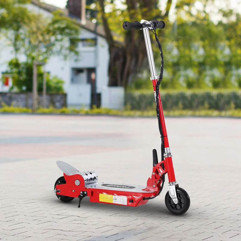 HOMCOM Patinete Eléctrico Niño Scooter Plegable Rojo Patinete Eléctrico Scooter Plegable con Manillar y tipo Monopatín con Freno y Caballete 120W Carga 50kg 81.5x37x96cm (Rojo)