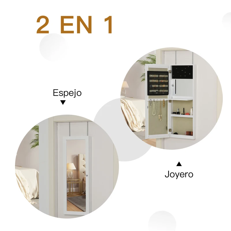 HOMCOM Armario Joyero con Espejo de Cuerpo Entero Gabinete para Joyería para Montar en la Pared o Colgar en la Puerta 35,5x100x9 cm Blanco
