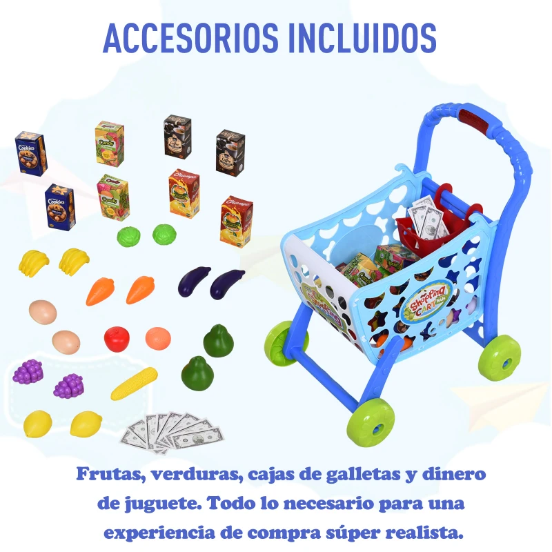 HOMCOM Set de Carrito de Compras para Niños Mayores de 3 Años Juego de Roles Educativo Juguete Infantil con 38 Piezas 41,5x33,5x48,5 cm Azul