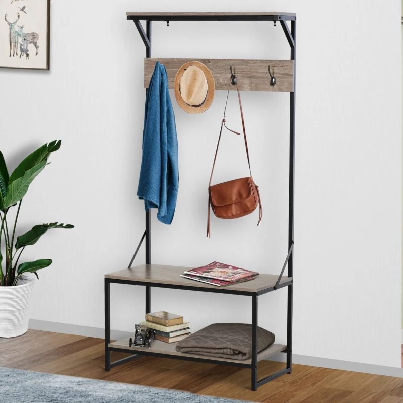 HOMCOM Perchero de Pie con Zapatero de Entrada Espacio de Almacenaje con 4 Ganchos Banco para Cambio de Zapatos Estantes Diseño Anti-Vuelco 80x40x170 cm Roble