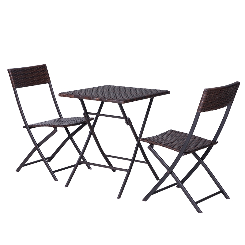 Outsunny Conjunto de 3 Piezas de Ratán Juego de 2 Sillas y Mesa para Patio Balcón Jardín Plegable Diseño Trenzado Elegante Mesa de 60x60x72 cm Marrón