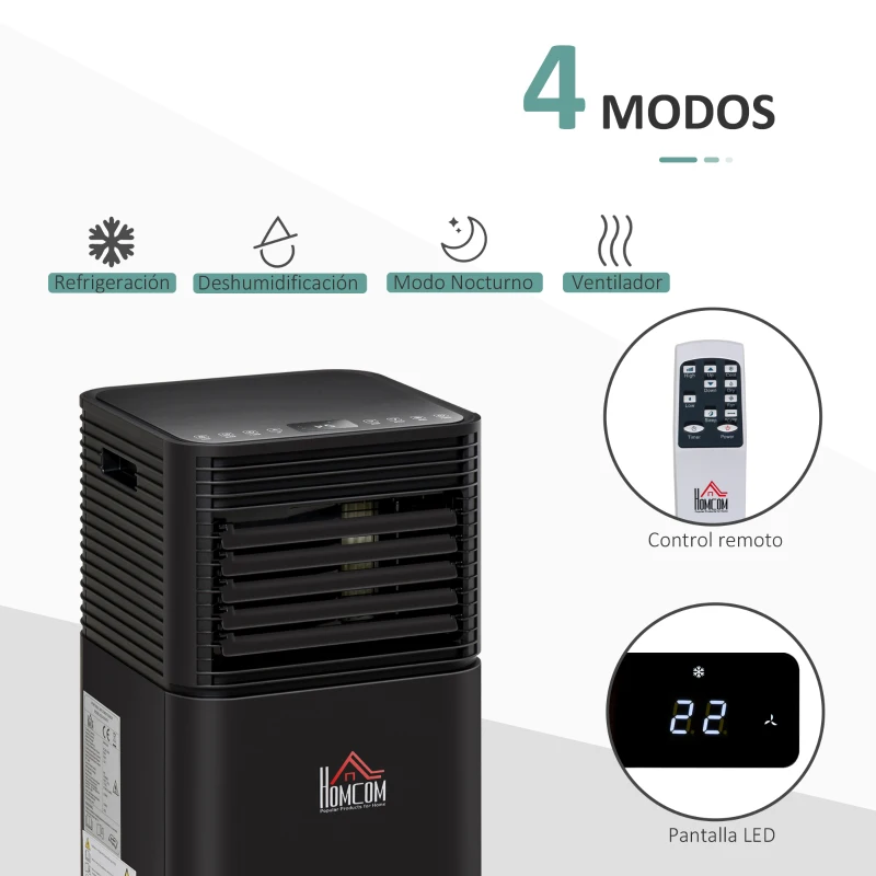 HOMCOM Aire Acondicionado Portátil 5000Btu 4 en 1 Deshumidificador Enfriador R290 Móvil con 2 Velocidades Control Remoto Pantalla LED Temporizador Dormitorio Oficina Hogar Negro