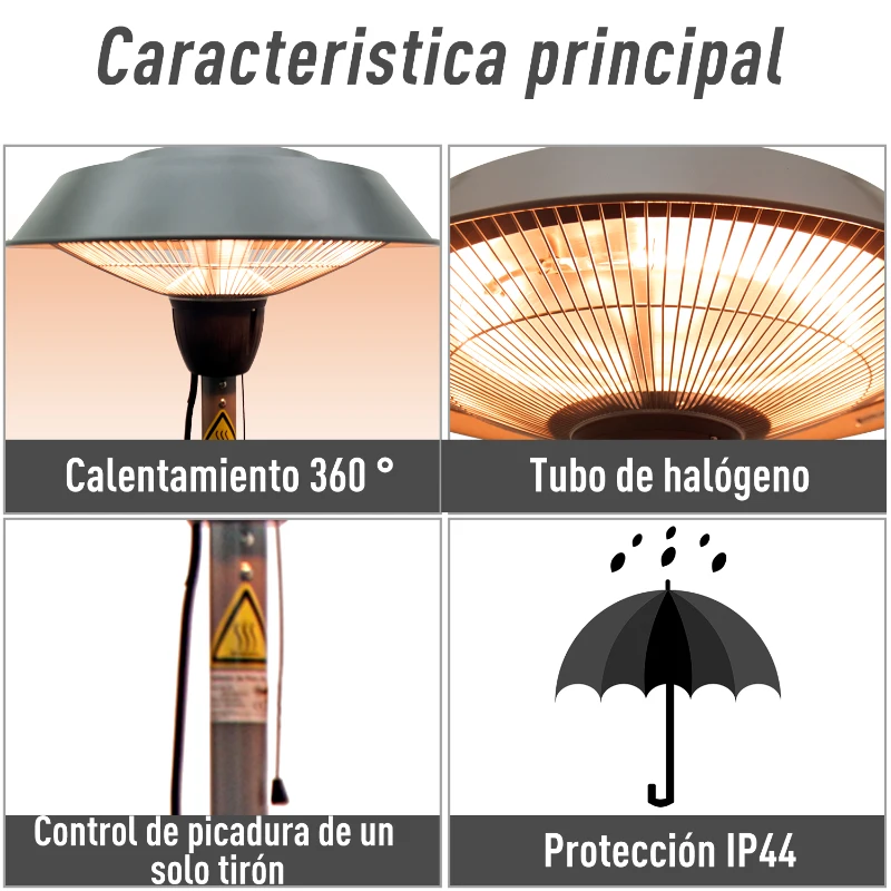 Outsunny Calentador Eléctrico de Halógeno de Aluminio Estufa de Pie de Exterior 1500w Jardín Independiente Patio Luz Exterior 44x44x200cm