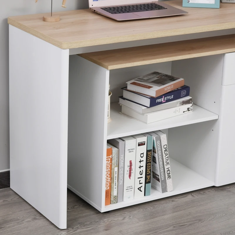HOMCOM Mesa Escritorio Múltiples Posiciones Mesa de Ordenador Esquinera Forma de L con Cajón Estantes Abiertos Armario 140x117x76 cm Blanco y Madera