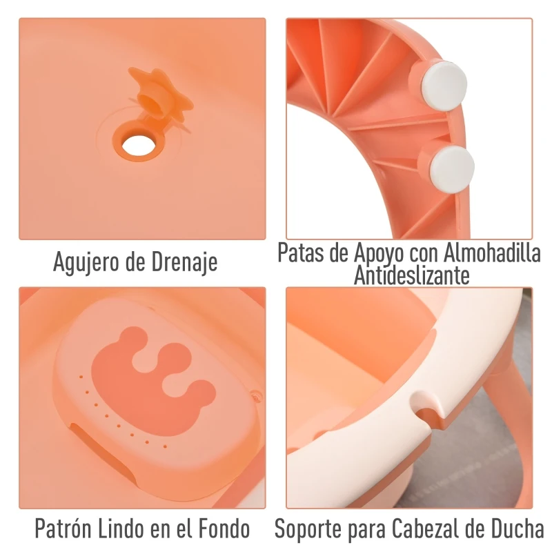 HOMCOM Bañera para Bebé Plegable y Portátil con Recipiente de Champú Palangana y Taburete Set de 4 Piezas de Ducha para 0-3 Años 81,5x60x46,5 cm Rosa