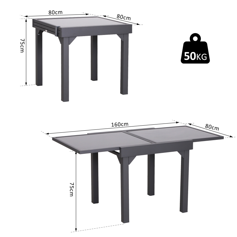 Outsunny Mesa de Jardín Mesa Extendida de Aluminio Mesa de Comedor Rectangular Tabla Vidrio Templado Carga 50kg para Terraza Patio Exterior Ofrecer Espacio Extra