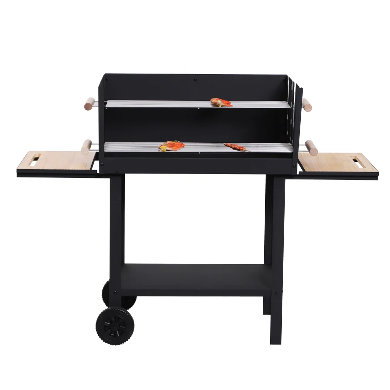 Outsunny Barbacoa de Carbón BBQ Vegetal Altura de Parrillas Ajustables Parrillas Asador de Jardín Exterior con Ruedas Facil Mover Estantes de Madera para Picnic Acampada 138x52.5x101cm