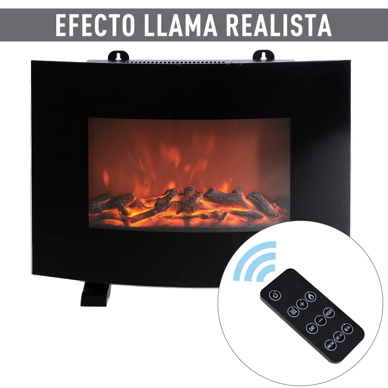 HOMCOM Chimenea Eléctrica de Pared 55x15.5x40cm Calefactor Estufa Eléctrica 750/1500W Temporizador Termostato Auto-Control Colores de Llama Ajustables Mando a Distancia