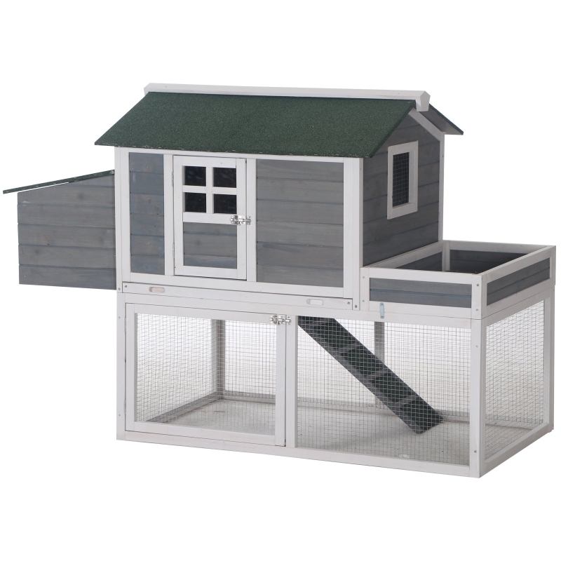 PawHut Gallinero Exterior de Madera Recinto con Nido y Corral Bandeja Extraíble Ventana de Malla Rampa Área de Cultivo 160x80x110 cm Gris y Blanco
