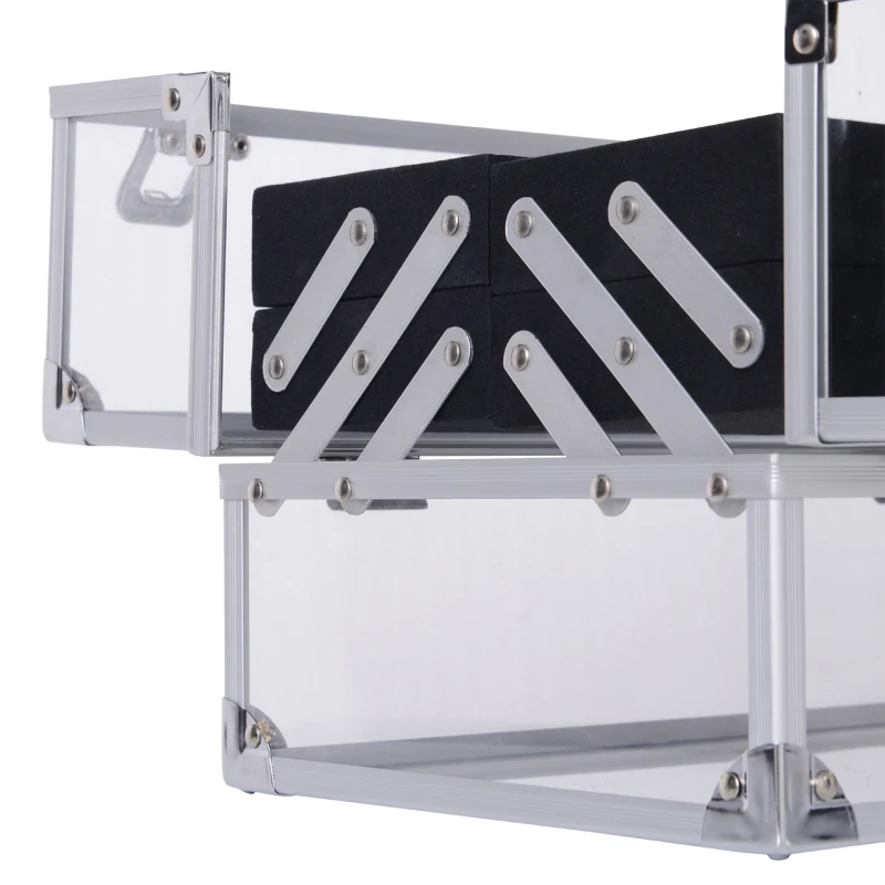 HOMCOM Estuche de Maquillaje Transparente Organizador Cosméticos Profesional Maletín para Maquillaje Caja de Belleza Portátil 3 Bandejas Extensible con Cerradura 30x19.2x16cm Acrílico