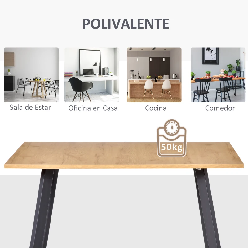HOMCOM Mesa de Comedor Rectangular Mesa de Cocina Salón Moderna con Patas de Metal y Almohadillas Ajustables 120x80x76 cm Color Roble