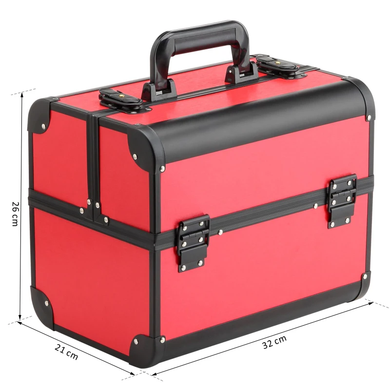 Maletín De Maquillaje Portátil para Cosméticos y Bisutería con Organizador de Tocador Con Bandeja Desplegable Asa y Cerradura Aleación de Aluminio 32x21x26 cm Rojo y Negro