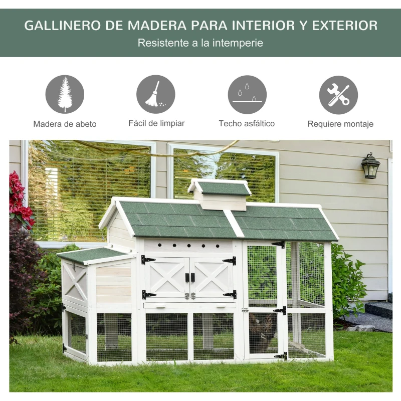 PawHut Gallinero Exterior de Madera de Abeto Jaula para Gallinas Pollos con Zona Abierta Ponedero Bandeja Extraíble y Techo Abatible 180x80,5x130 cm Blanco y Verde