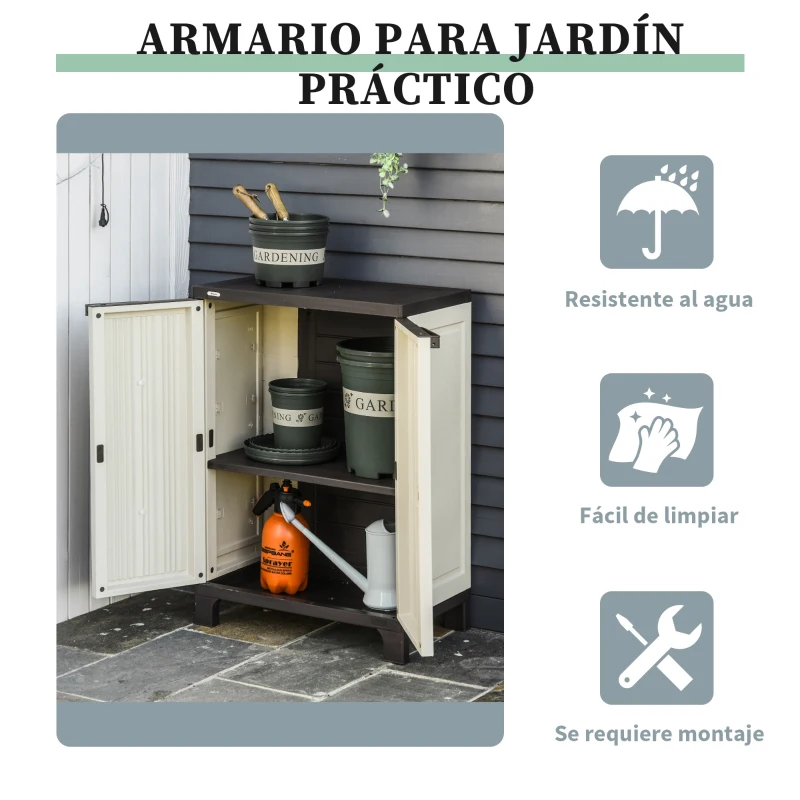 Outsunny Armario de Jardín Cobertizo de Herramientas para Exterior con Doble Puertas Estante Ajustable de 4 Niveles 65x37x91,4 cm Beige
