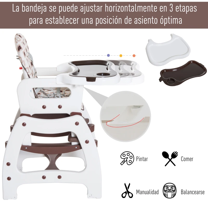HOMCOM Trona para Bebé Multifuncional Convertible en Silla Mecedora y Silla+Mesa con Cinturón de Seguridad (Café)