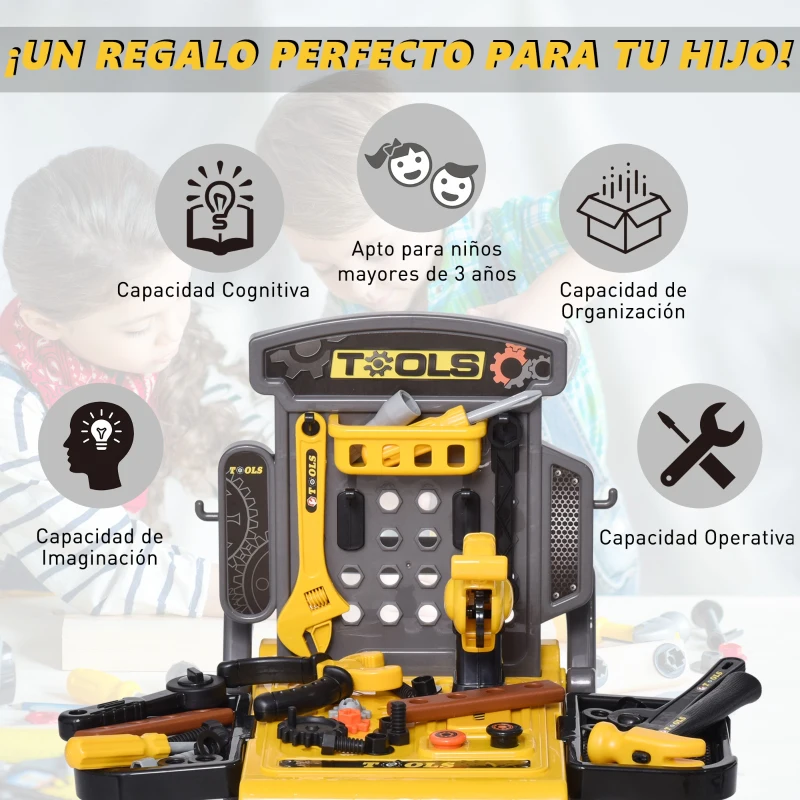 HOMCOM Banco de Herramientas Diseño 3 en 1 para Niños Mayores de 3 Años Juego de Imitación Infantil 60 Piezas 59,7x47x42,5 cm Amarillo y Negro