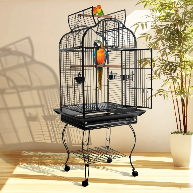 PawHut Jaula de Pájaros Pajarera Metálica para Aves con 2 Puertas Perchas y Rejilla Deslizable Bandeja Extraíble 4 Ruedas 75x69x159 cm Gris Oscuro