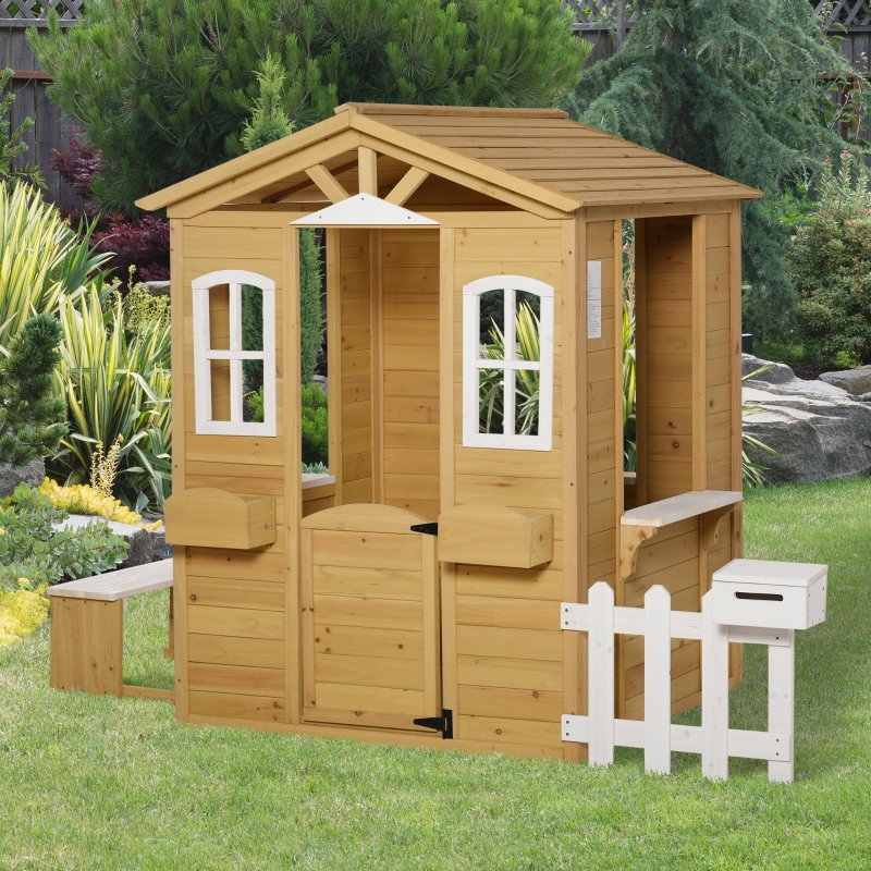 Outsunny Casita Infantil de Exterior a Partir de 3 Años Casa de Juegos de Madera con Buzón Banco 210x107x140 cm para Exterior Interior Color Madera Natural