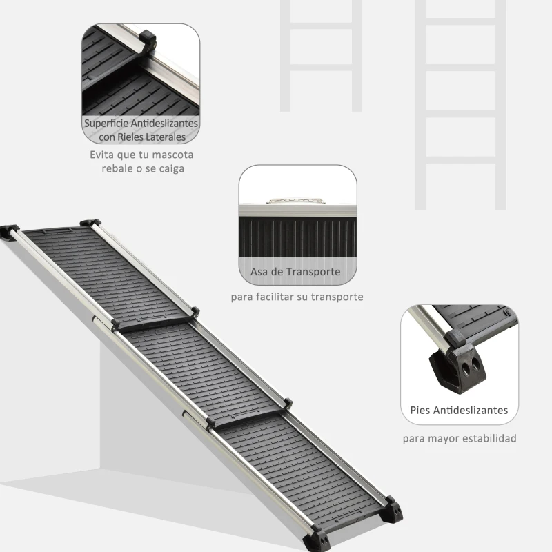 PawHut Rampa para Mascotas Plegable de Aleación de Aluminio con Superficie Antideslizante Rieles Laterales y Asa Fácil Transporte Carga Máx. 100 kg 159x42x11,5 cm Negro