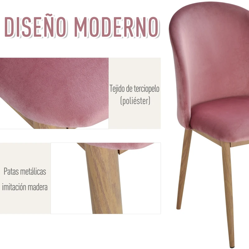 HOMCOM Juego de 2 Sillas de Comedor de Terciopelo Suave Silla de Salón Estilo Nórdico Moderno con Respaldo Ergonómico Acolchado y Patas de Metal 50x58x85 cm Rosa