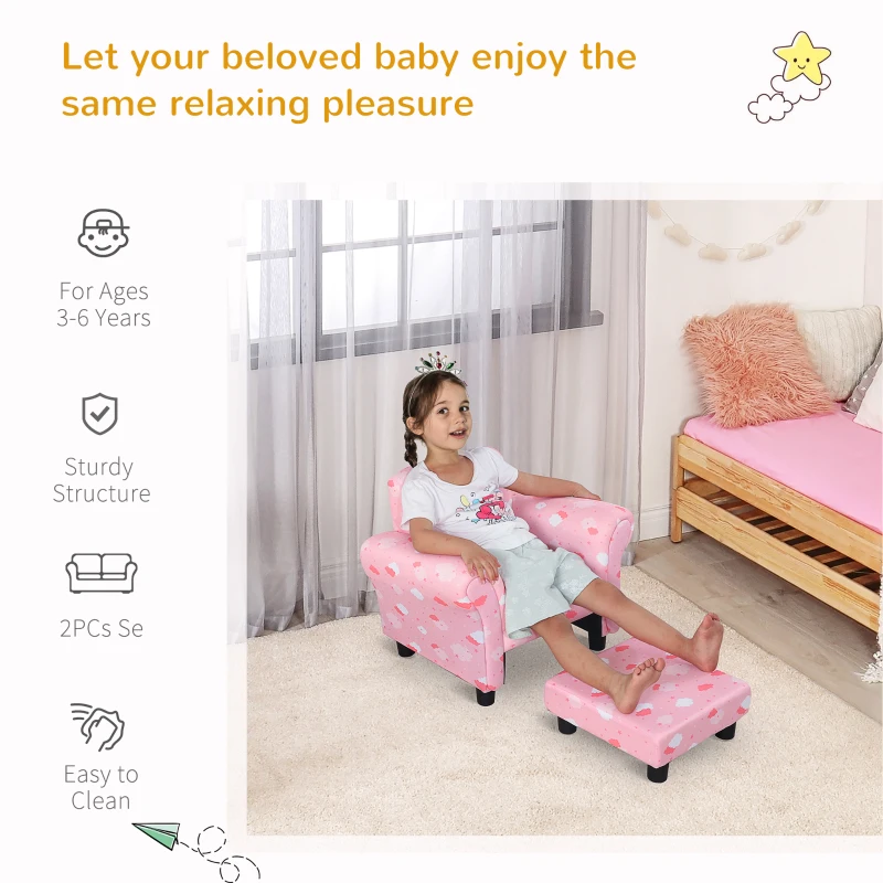 HOMCOM Kids Armchairs Children Sofa with Foot Stool Kids Sofa Durable Polyester Upholstered Cute Cloud Star Pattern Armchair W/Footrest - Pink