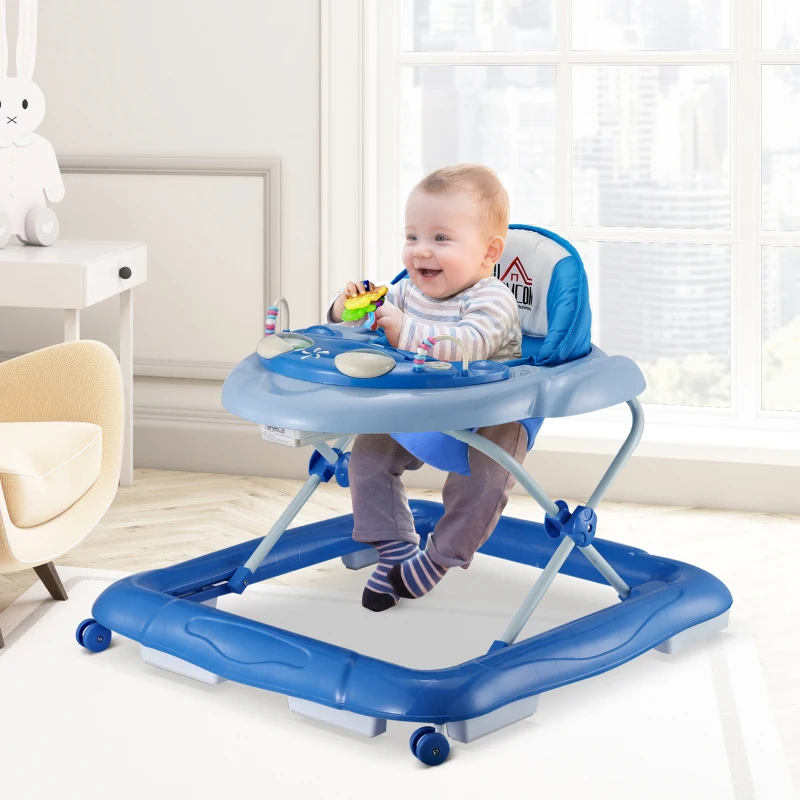 HOMCOM Andador para Bebés Plegable con Freno Andador Bebé Coche con Juguetes y Varilla de Empuje Ajuste de Altura y Caja de Musica 70x65x55cm