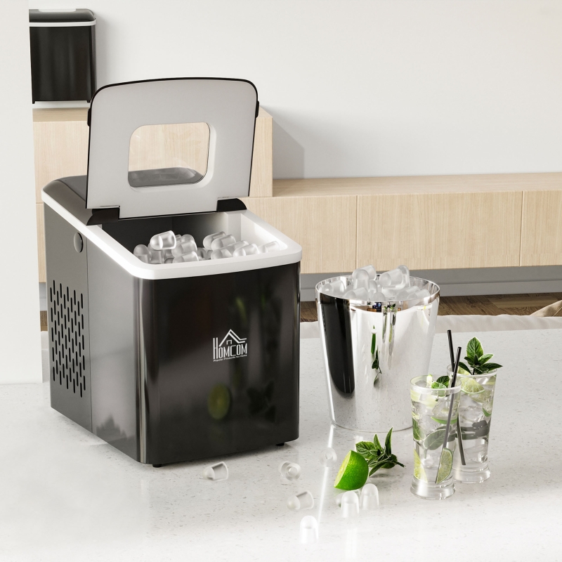 HOMCOM Máquina para Hacer Hielo Silenciosa Potencia 120W Capacidad 12 kg con Pantalla LCD Tanque de 1,8L Limpieza Automática para Cocina Bar 31,5x22,9x32,6 cm Negro