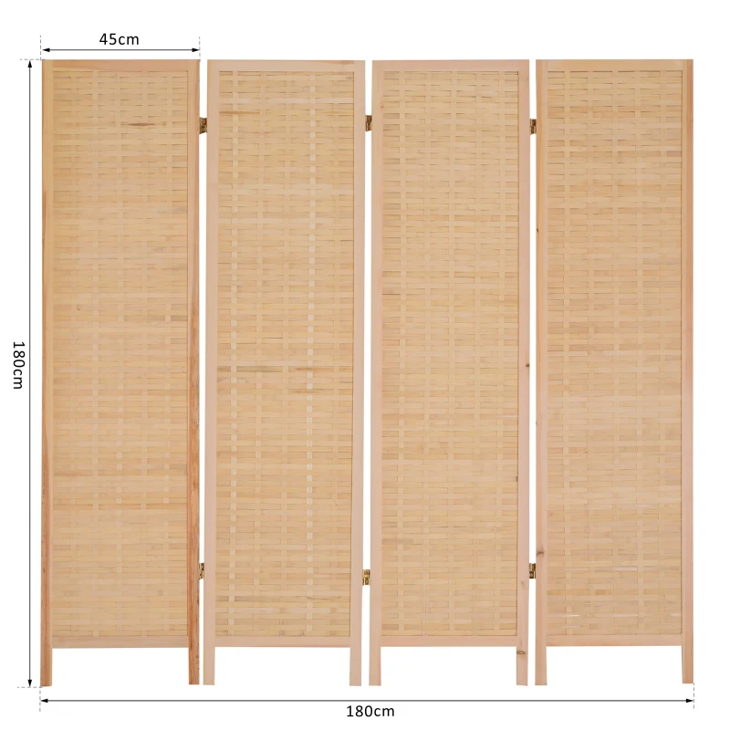 HOMCOM Biombo Separador de Madera Mimbre 4 Paneles Separador de Ambientes Divisor de Habitaciones Dormitorio 180x2x180cm