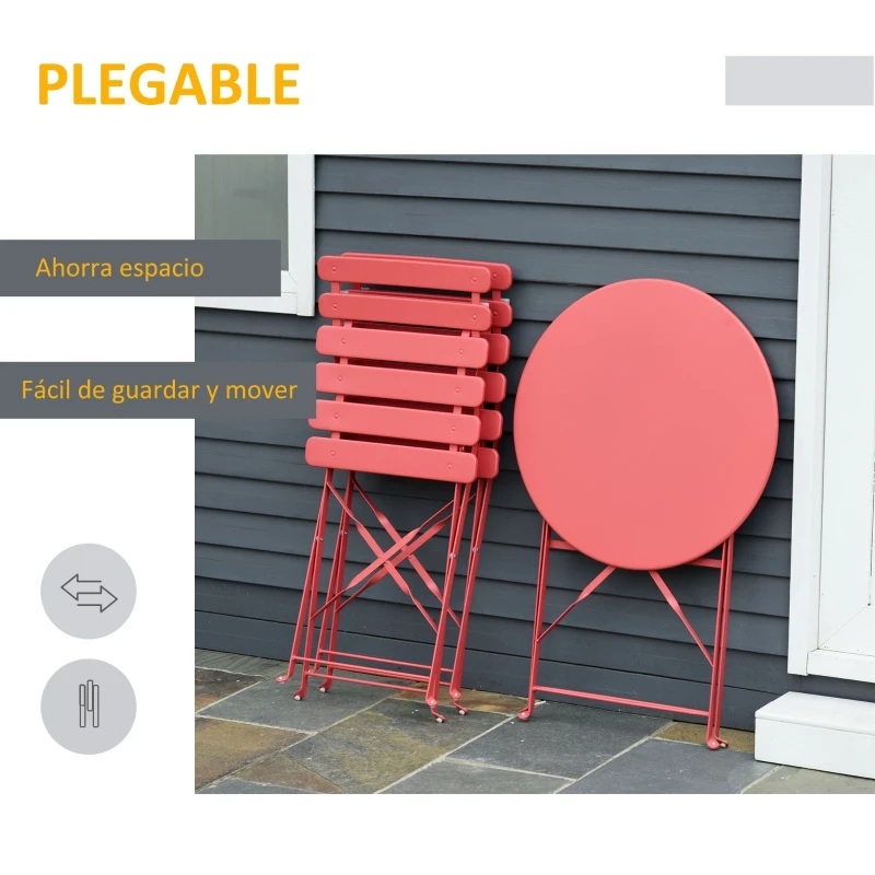 Outsunny Conjunto Muebles Plegables de Jardín de 3 piezas Mesa y 2 Sillas de Metal para Balcón Terraza Exteriores Ø60x71 cm Rojo