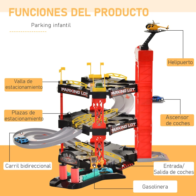 HOMCOM Juego de Garaje Infantil Parking para Niños de +3 Años con 55 Accesorios Incluidos 4 Coches 1 Helicóptero Elevador Funcional 62x52x51 cm Rojo Negro