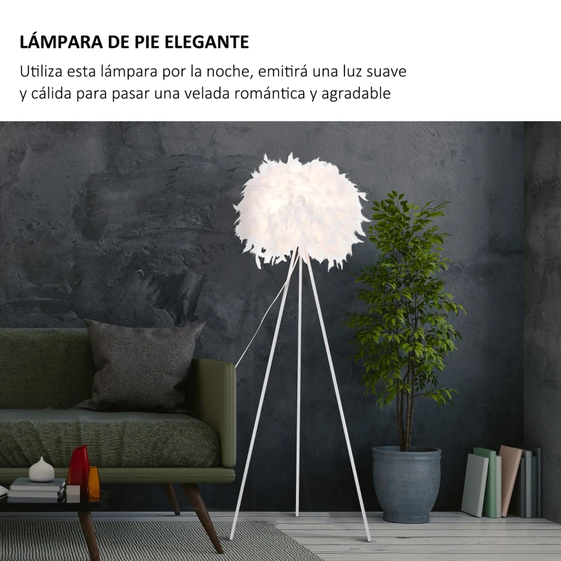 HOMCOM Lámpara de Pie con Trípode de Metal y Pantalla de Plumas con Interruptor de Pie Estilo Moderno para Dormitorio Sala de Estar Salón Estudio 54x54x147 cm Blanco