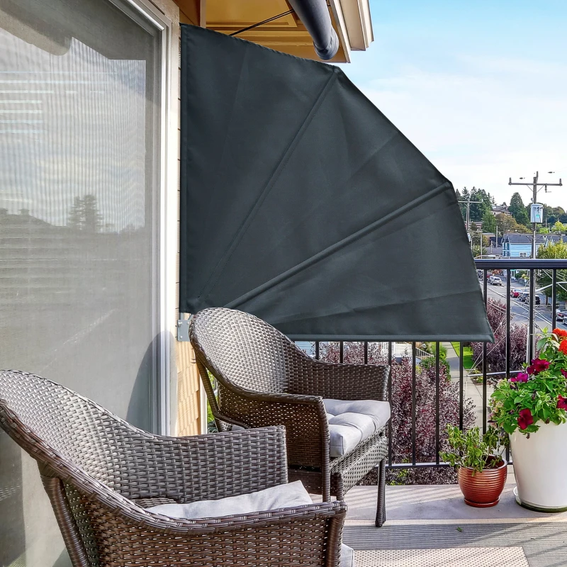 Outsunny Toldo Lateral Plegable de Balcón 120x120 cm en Forma de Abanico Aluminio con Soporte de Pared para Suelo Terraza Patio Gris Oscuro