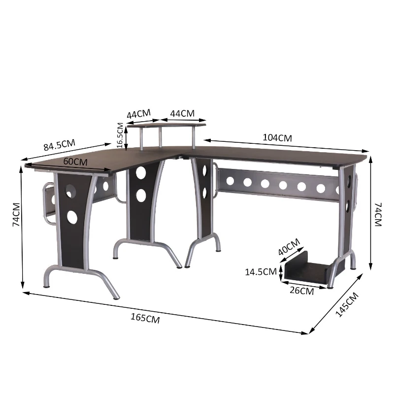 HOMCOM Mesa de Ordenador PC Madera en Forma L Esquinera con Bandeja Móvil Soporte de Impresora Amplio Espacio Ruedas Escritorio de Oficina 165x145x86cm Negro