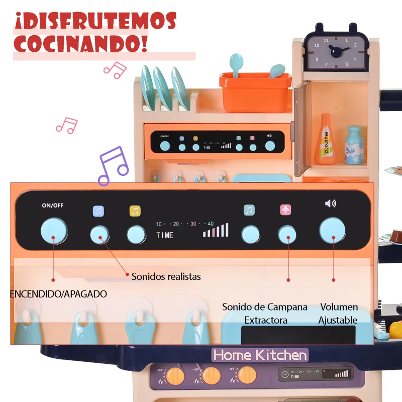HOMCOM Cocinita para Niños con Luces Música Absoluta Funciones de Agua Cocina de Juguete Infantil 65 Piezas Alimentos Cubiertos +3 Años 71x28,5x93,5 cm Azul