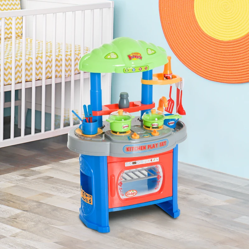 HOMCOM Cocina de Juguete Cocinita con Luz Sonido y 12 Accesorios Juego para Cocinar para Niños +3 Años 46x30x67cm PP