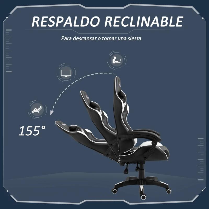 Vinsetto Silla Gaming Profesional Silla de Escritorio Ergonómica Reclinable y Ajustable en Altura con Respaldo Alto Reposacabezas y Reposabrazos 66x66x128-138 cm Blanco