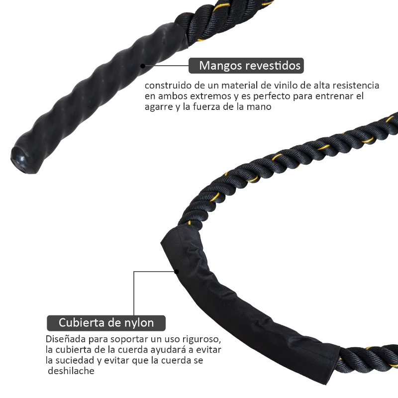HOMCOM Cuerda de Batalla Ø38 mm Longitud 12 m Battle Rope Formación Battling Power Cuerda Ejercicio Fitness Deporte Poliéster Ultra Resistente Negro