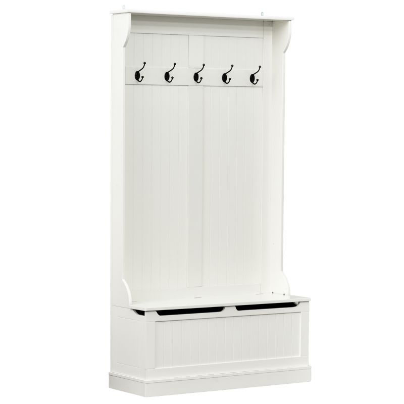 HOMCOM Perchero con Banco Conjunto de Pasillo Mueble Recibidor 5 Ganchos Espacio de Almacenaje 96x34x179.7cm Marfil