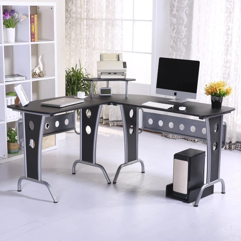 HOMCOM Mesa de Ordenador PC Madera en Forma L Esquinera con Bandeja Móvil Soporte de Impresora Amplio Espacio Ruedas Escritorio de Oficina 165x145x86cm Negro