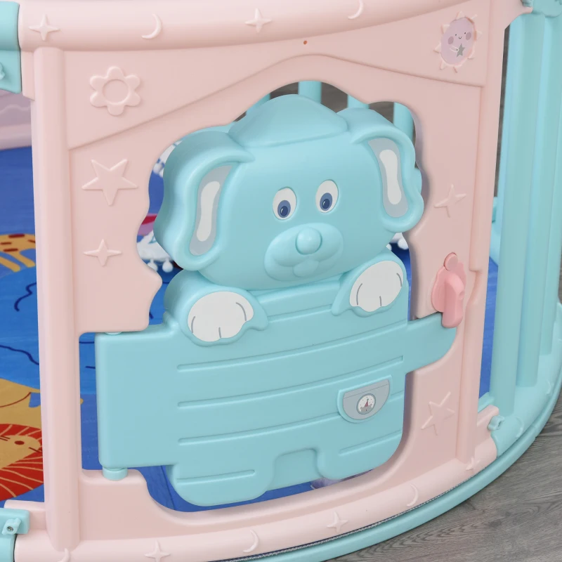 HOMCOM Parque Infantil Redondo Corralito de Seguridad para Bebé Cuna con Alfombra de Suelo Juguetes Divertidos Doble Cerradura Altura 65,5 cm Rosa y Azul