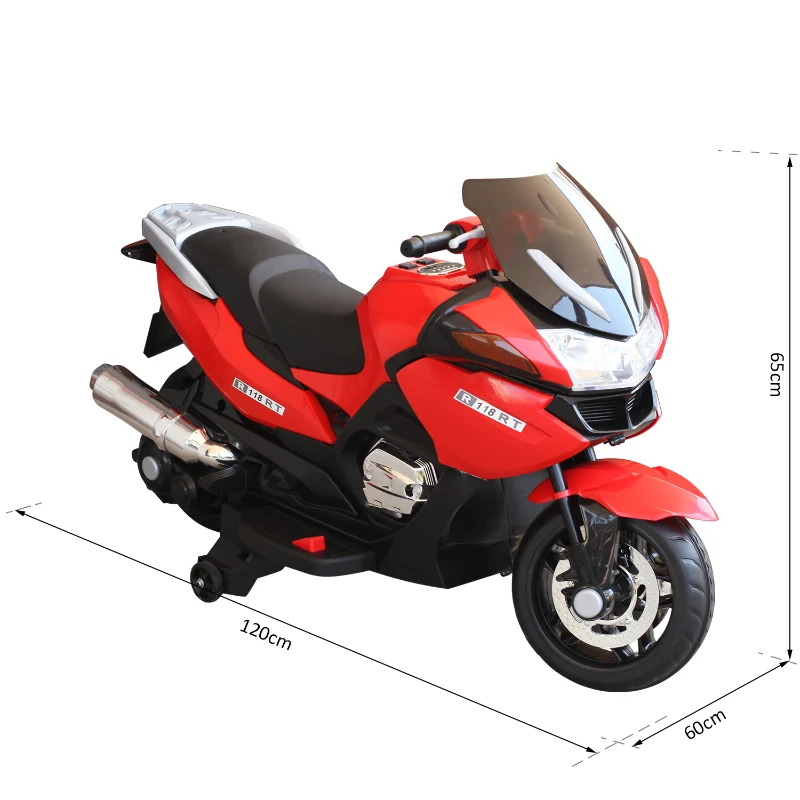 HOMCOM Coche Correpasillos Niños 3-8 años Moto Eléctrica Infantil 3-7 km/h Batería 12V Doble Motor con Luces y Música Ruedas Seguras 120x60x65cm Rojo